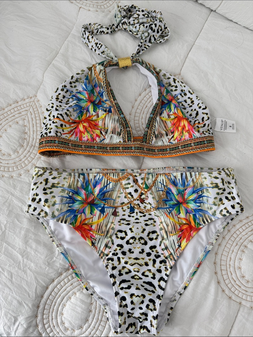 VENUS White Floral & Leopard Halter Two-Piece Swimsuit with Gold Trim